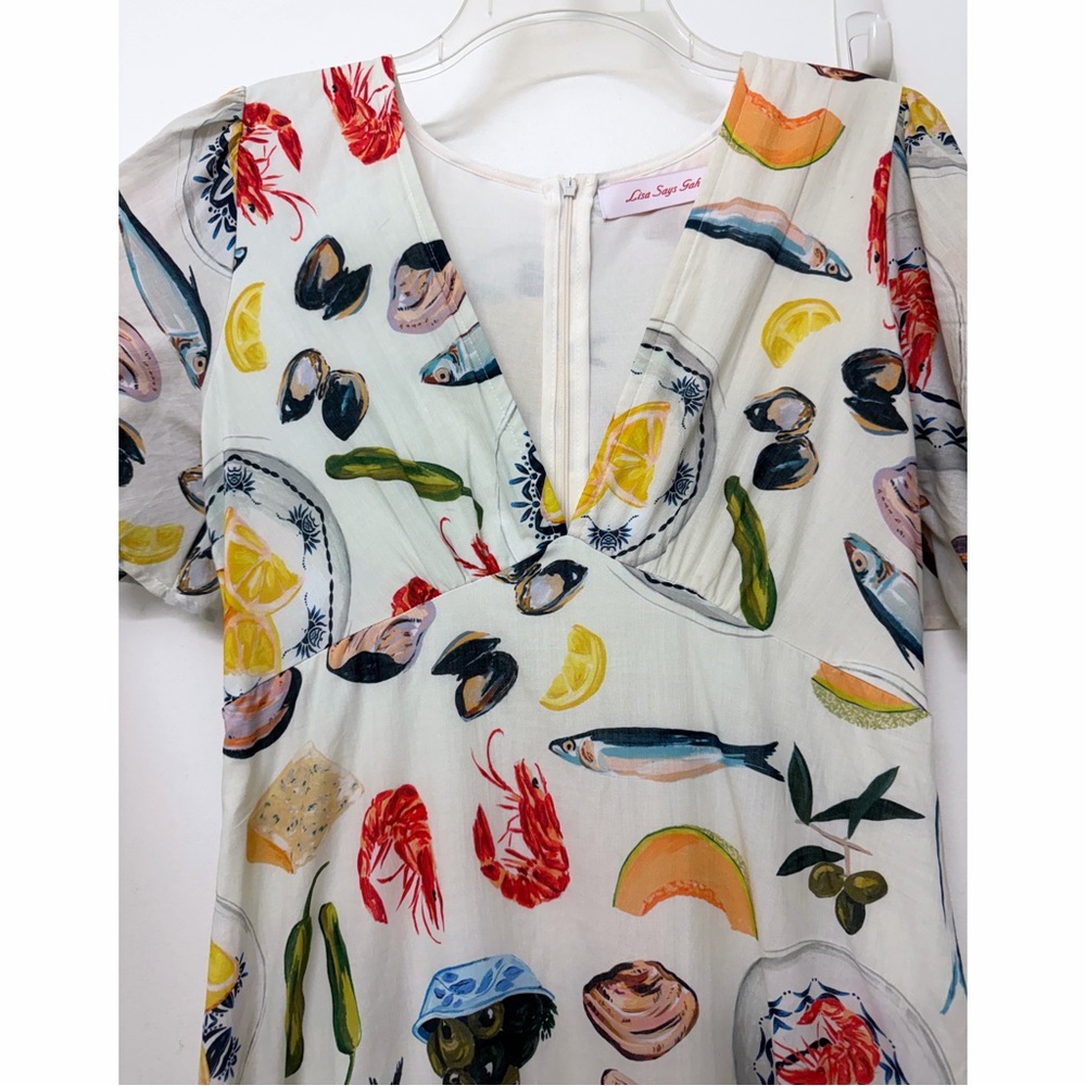 Lisa Says Gah Grace Food Print Midi Dress Tapas Ivory Lemon Olive Fruit S - Picture 4 of 16